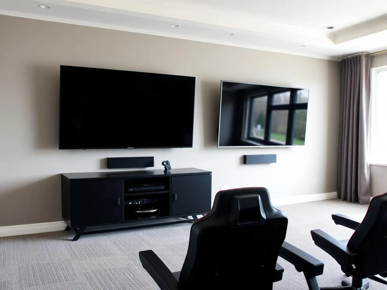 Dual TV mounting in Wellington game room with two 55-inch screens mounted side by side above black console