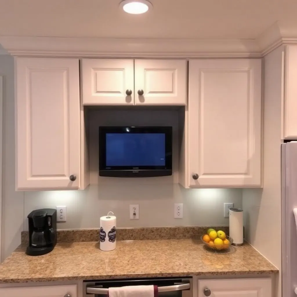 Under cabinet kitchen TV mount in Boynton Beach with small flatscreen installed under white shaker cabinets