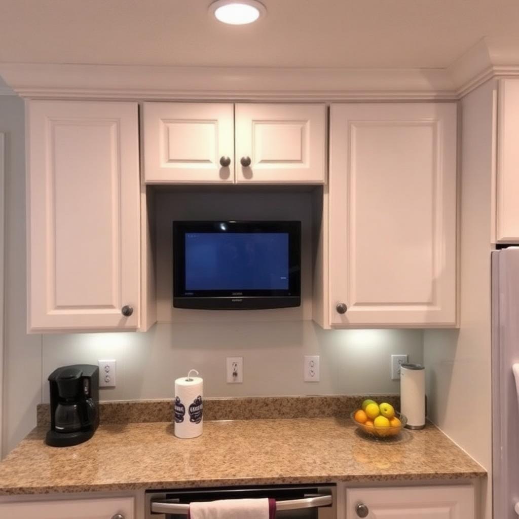 Under cabinet kitchen TV mount in Boynton Beach with small flatscreen installed under white shaker cabinets