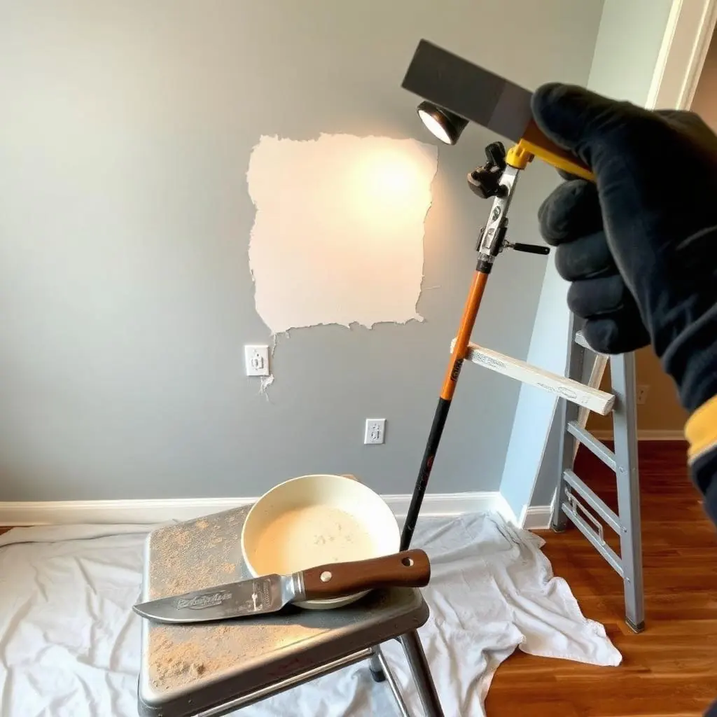 Drywall repair in Boca Raton master bedroom with smooth patched wall section retextured to match orange peel finish