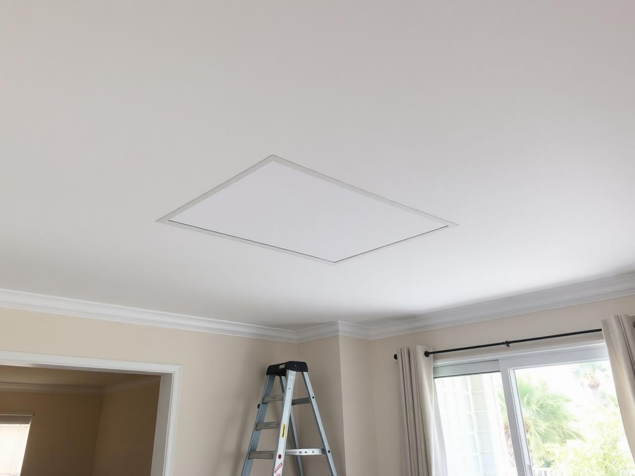 Drywall ceiling repair in Delray Beach home after water damage with freshly patched and primed white ceiling