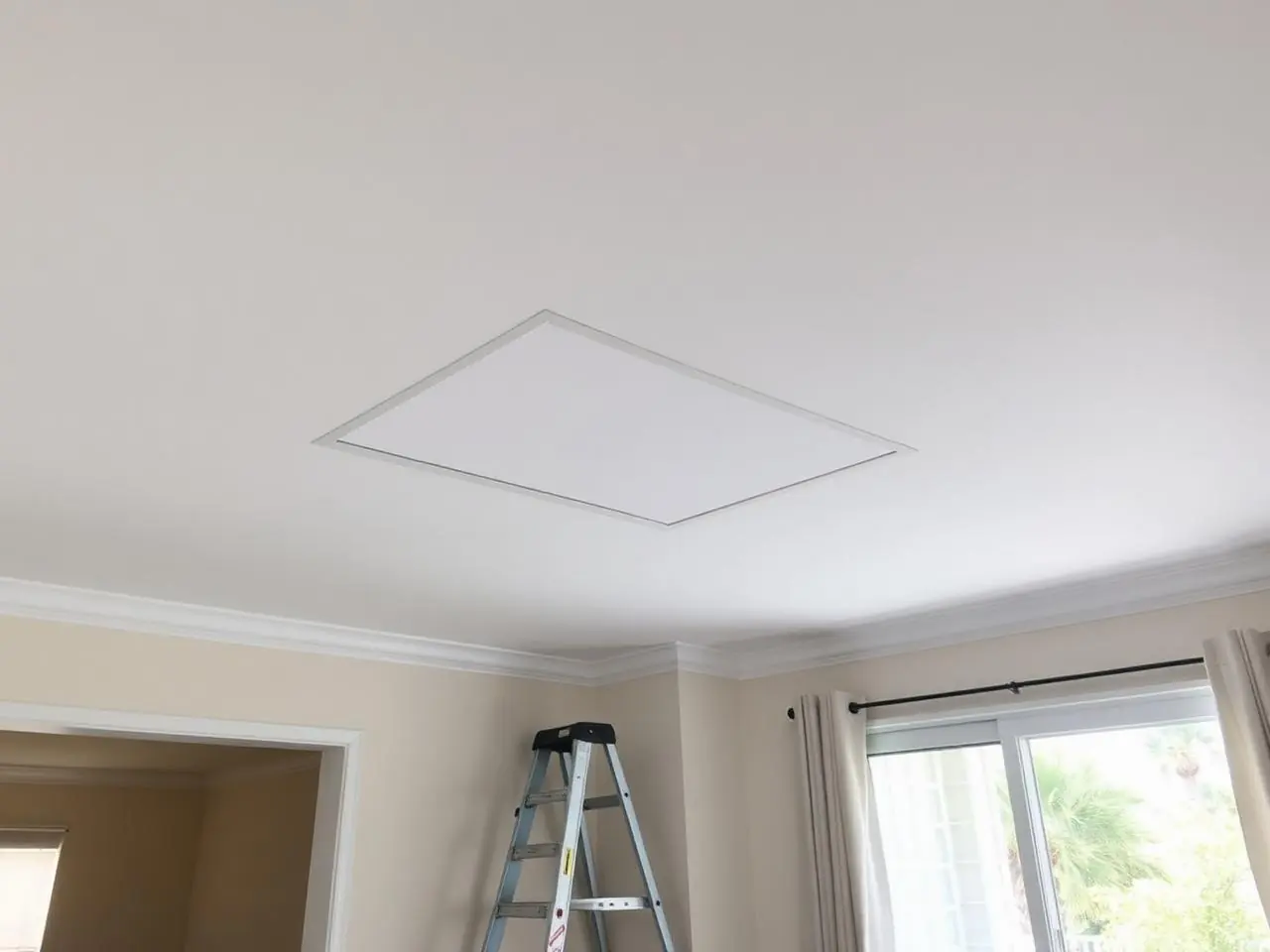 Drywall ceiling repair in Delray Beach home after water damage with freshly patched and primed white ceiling