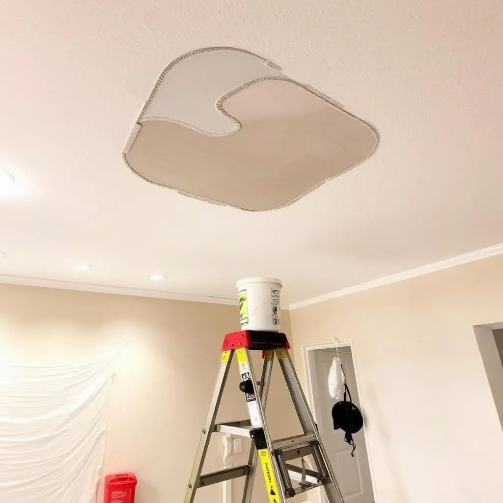 Drywall ceiling knockdown texture patch in Boynton Beach Florida home freshly primed white