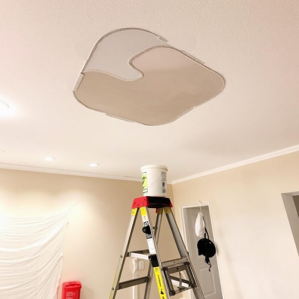 Drywall ceiling knockdown texture patch in Boynton Beach Florida home freshly primed white