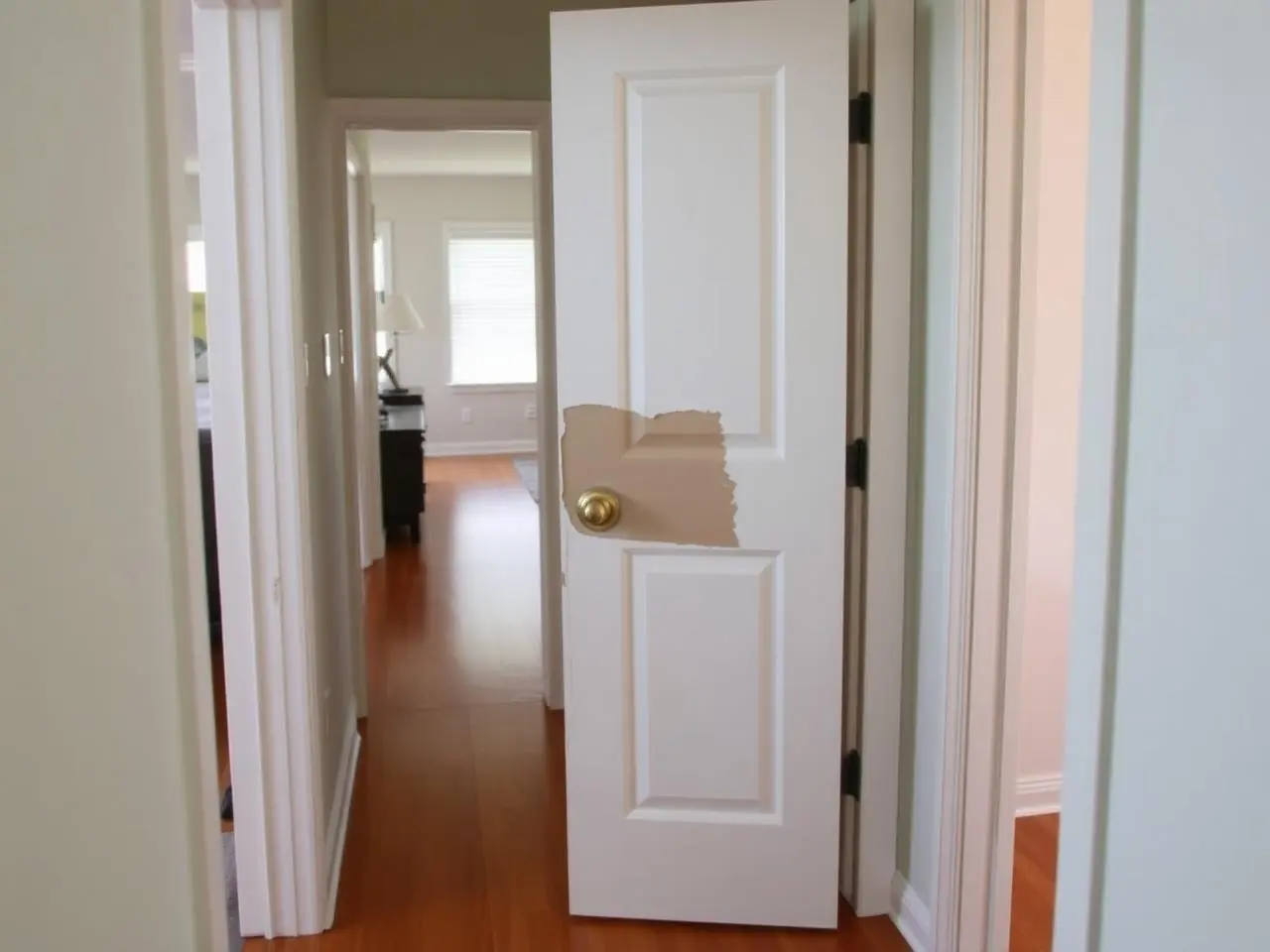 Drywall repair in West Palm Beach hallway with patched doorknob hole on freshly painted wall behind a door