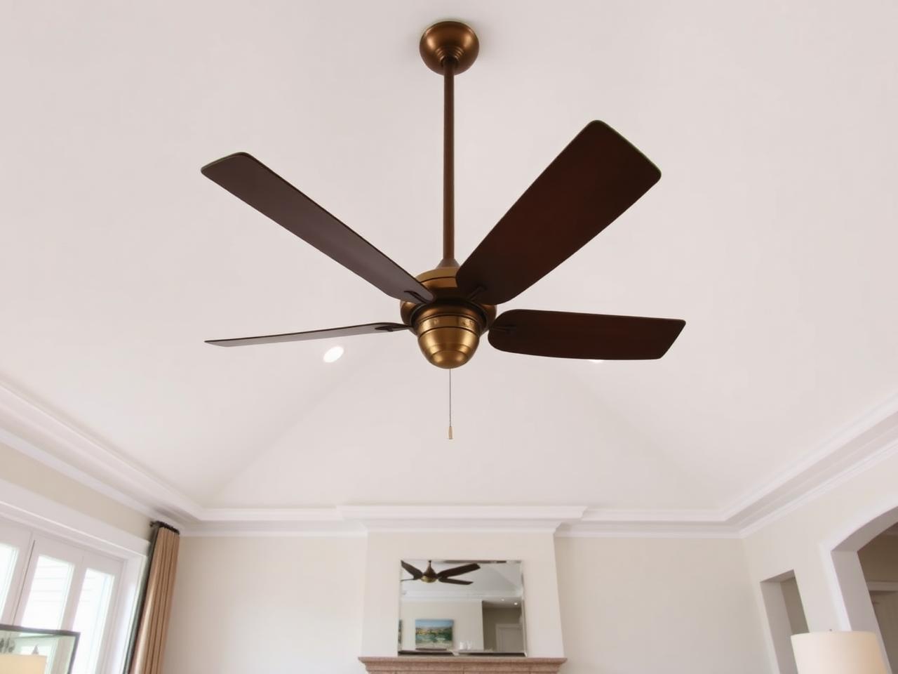 Ceiling fan installation in Boca Raton vaulted great room with large bronze fan suspended from sloped white ceiling