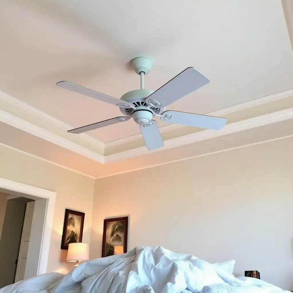 Smart ceiling fan installation in Palm Beach Gardens master bedroom with modern white fan above tray ceiling
