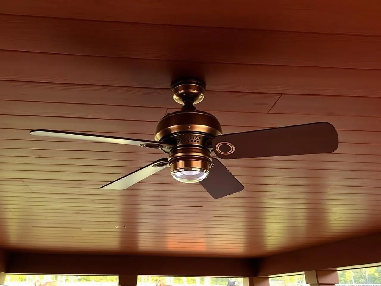 Outdoor ceiling fan installation on Wellington Florida covered porch with copper wet-rated fan over wood plank ceiling