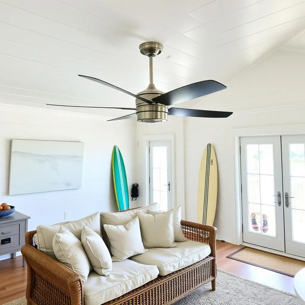 Coastal ceiling fan installation in Jupiter beach cottage with white shiplap ceiling and weathered wood blade fan