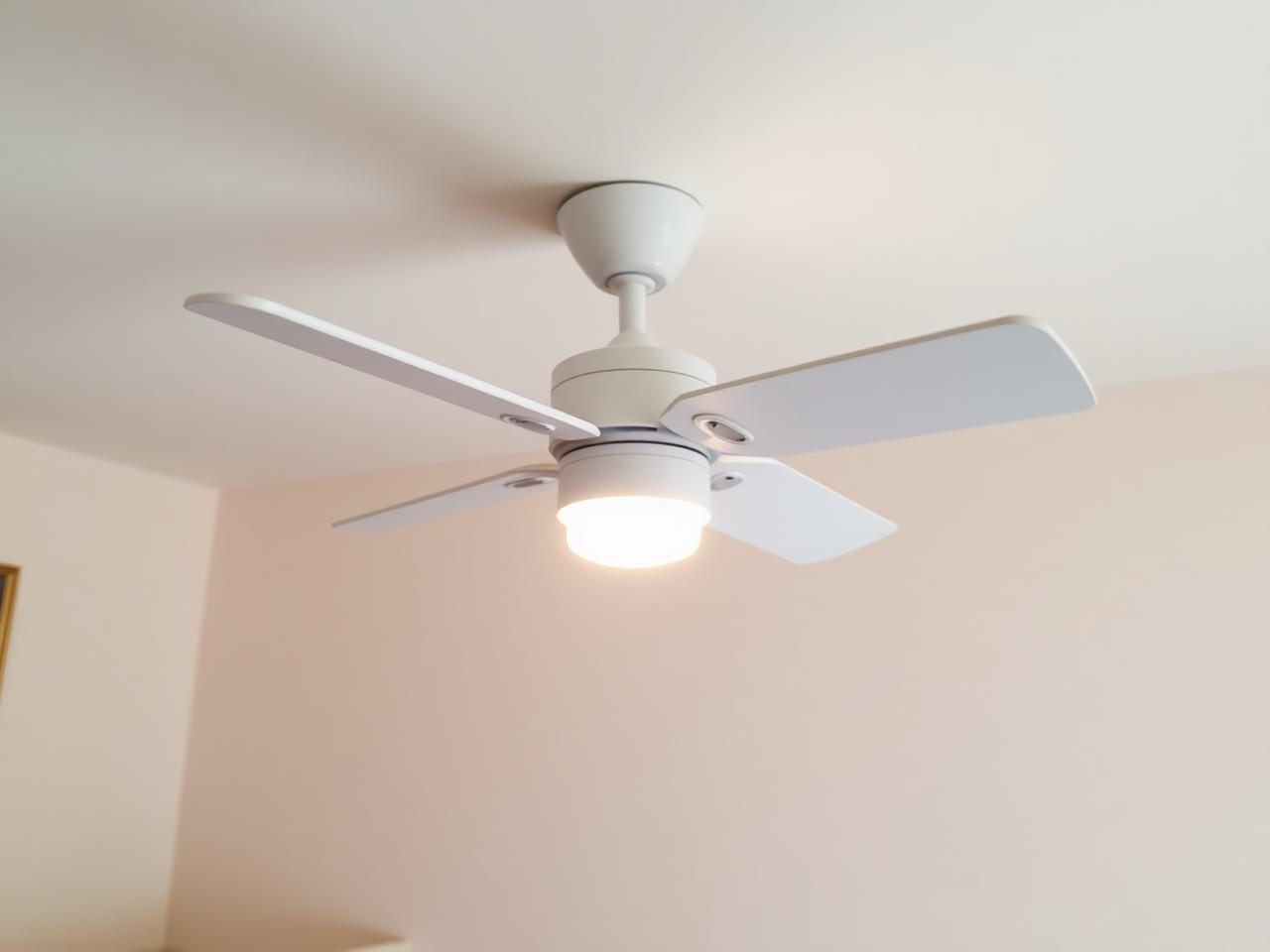 Ceiling fan installation in Lake Worth nursery with small white fan and soft dimmable night light over crib