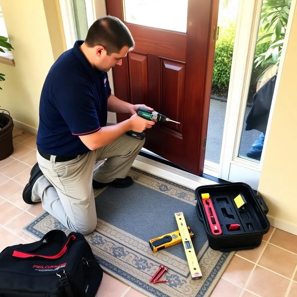 Front door repair on luxury Boca Raton home with refinished mahogany entry door and brass keypad deadbolt