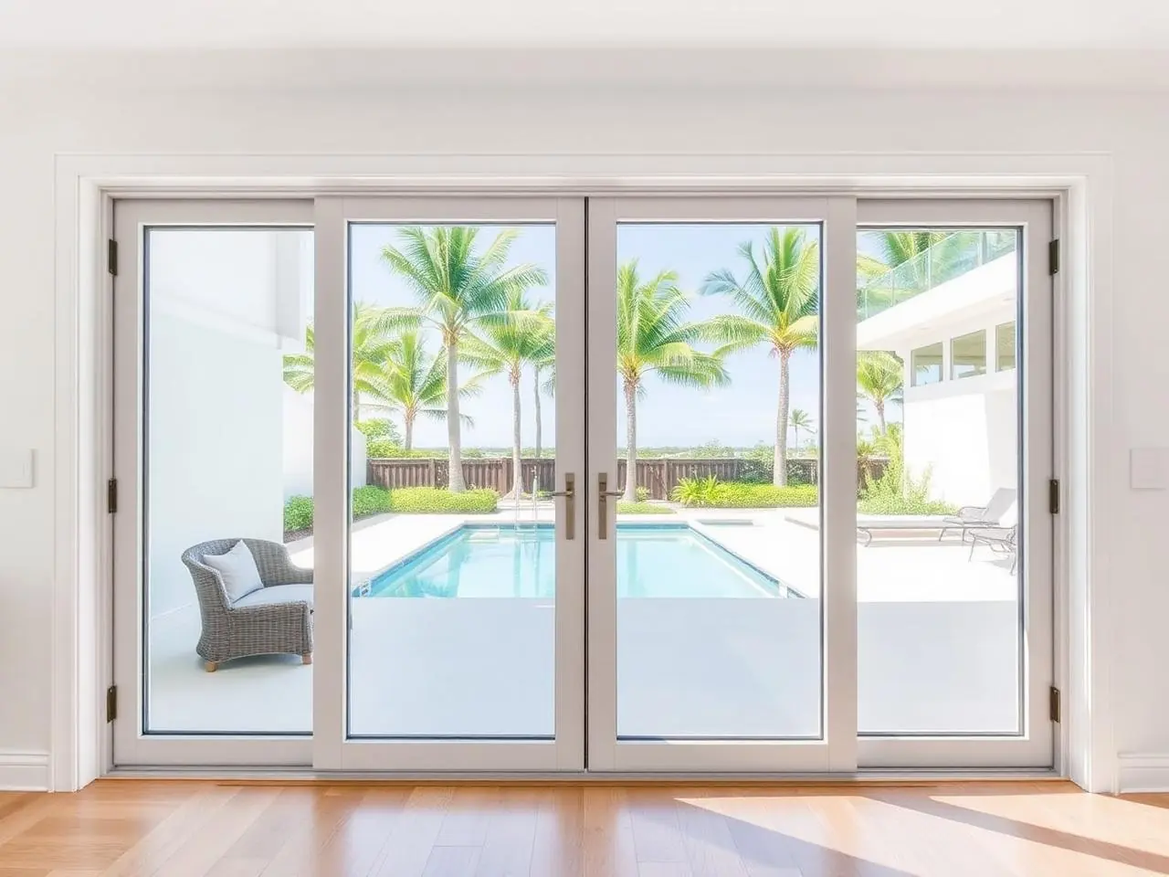 Sliding glass door repair in Delray Beach coastal home with newly serviced wide pocket sliders open to pool deck