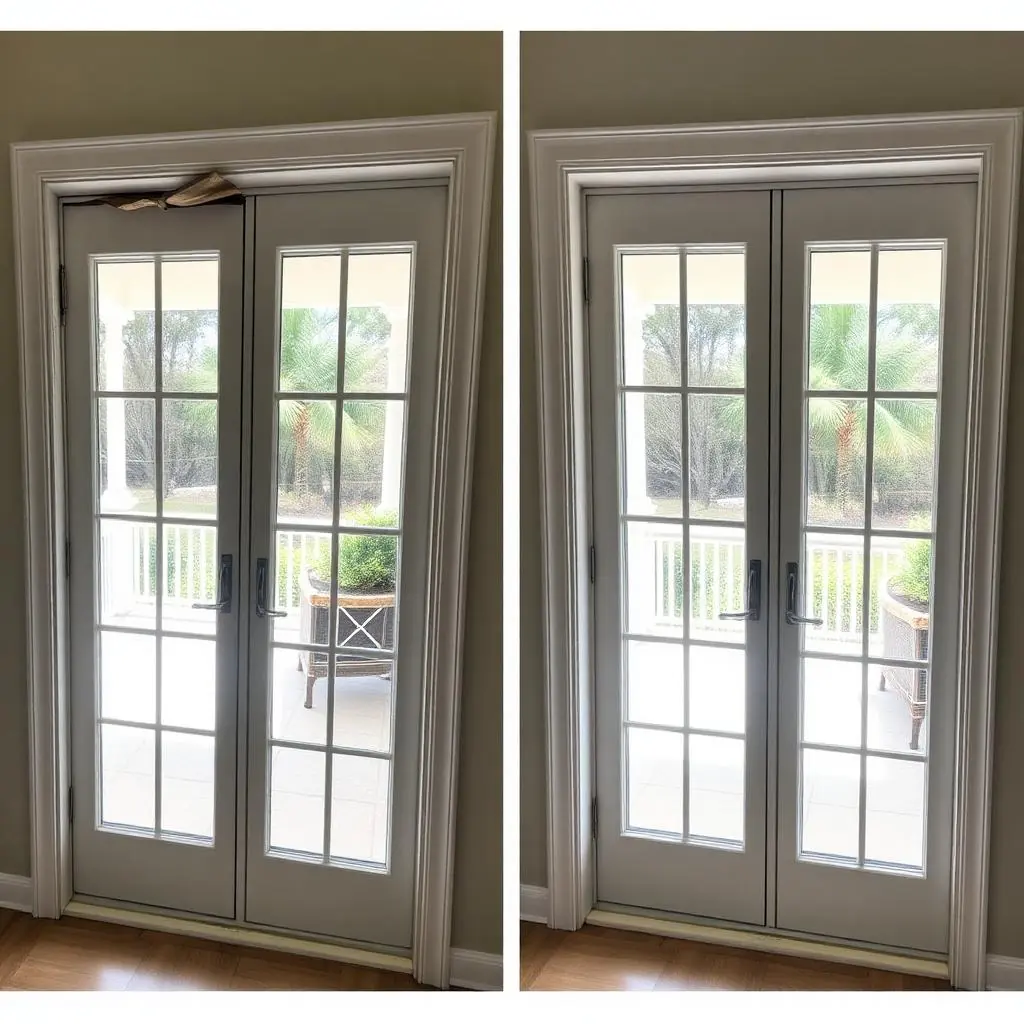 French patio door repair in Palm Beach Gardens home with white double French doors leading to garden