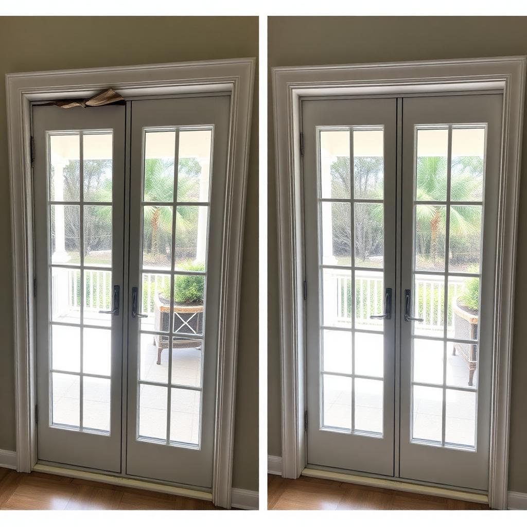 French patio door repair in Palm Beach Gardens home with white double French doors leading to garden