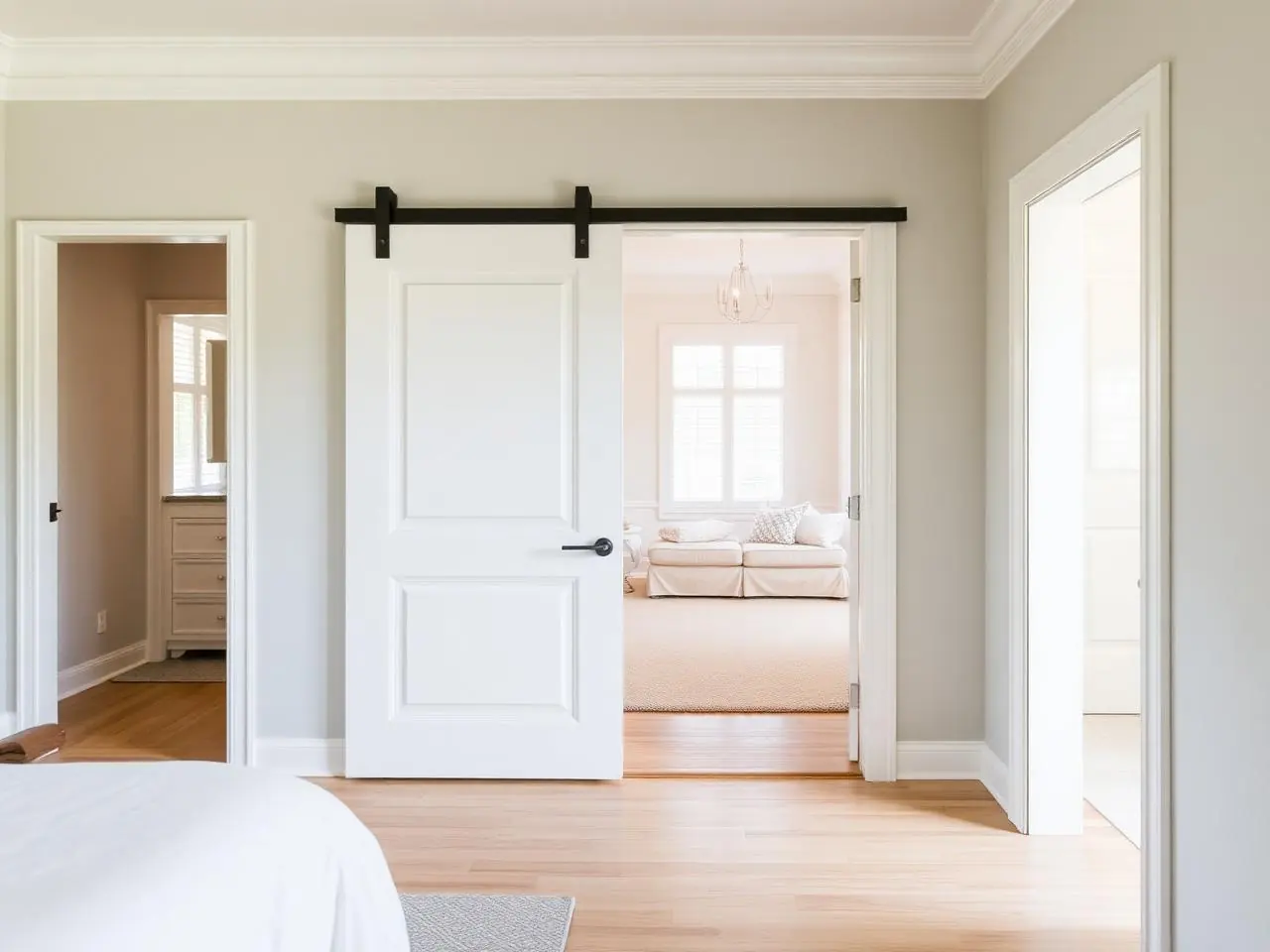 Pocket door repair in Jupiter Florida master suite with white pocket door and trim freshly reinstalled