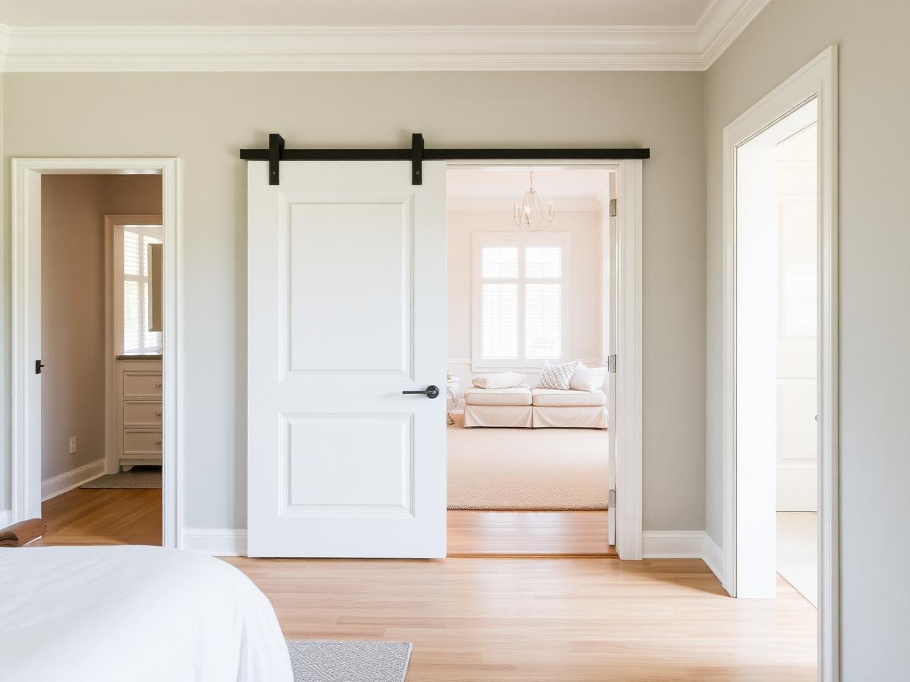 Pocket door repair in Jupiter Florida master suite with white pocket door and trim freshly reinstalled