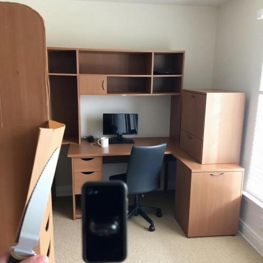 Furniture assembly in Boca Raton home office with executive desk, hutch and matching file cabinets assembled