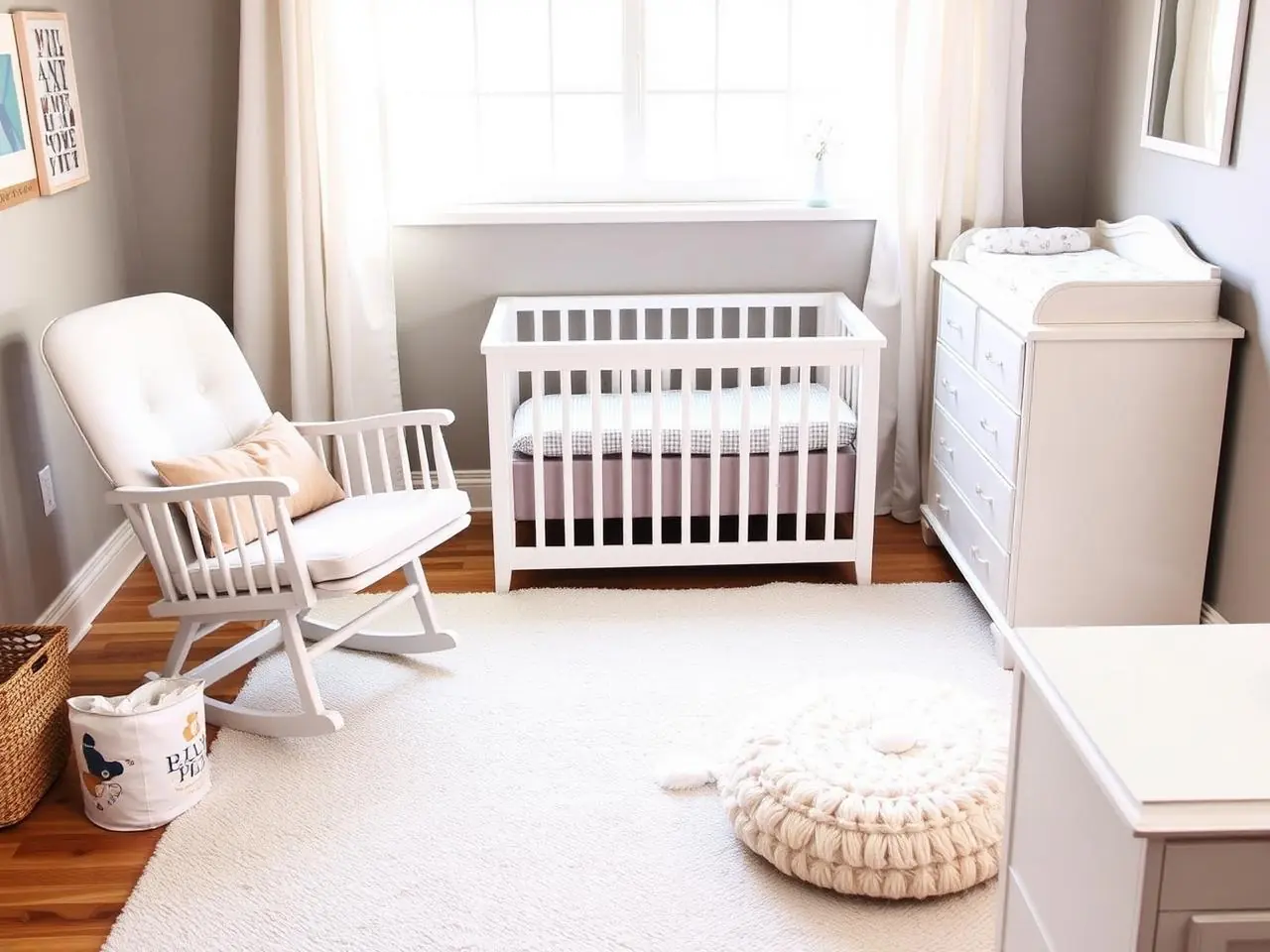 Nursery furniture assembly in Delray Beach with white convertible crib glider and dresser fully built