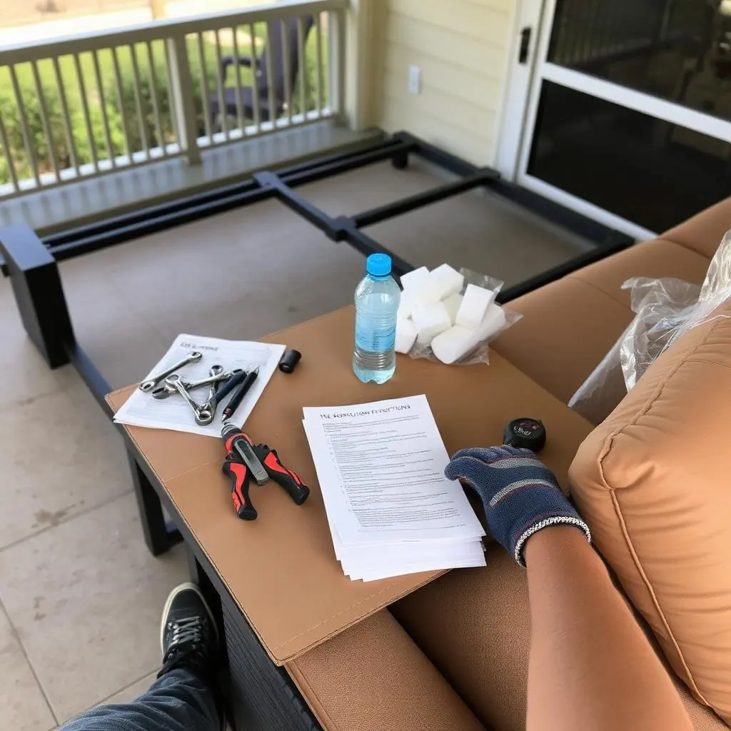 Patio furniture assembly in Boynton Beach with outdoor sectional and fire pit table arranged on screened lanai