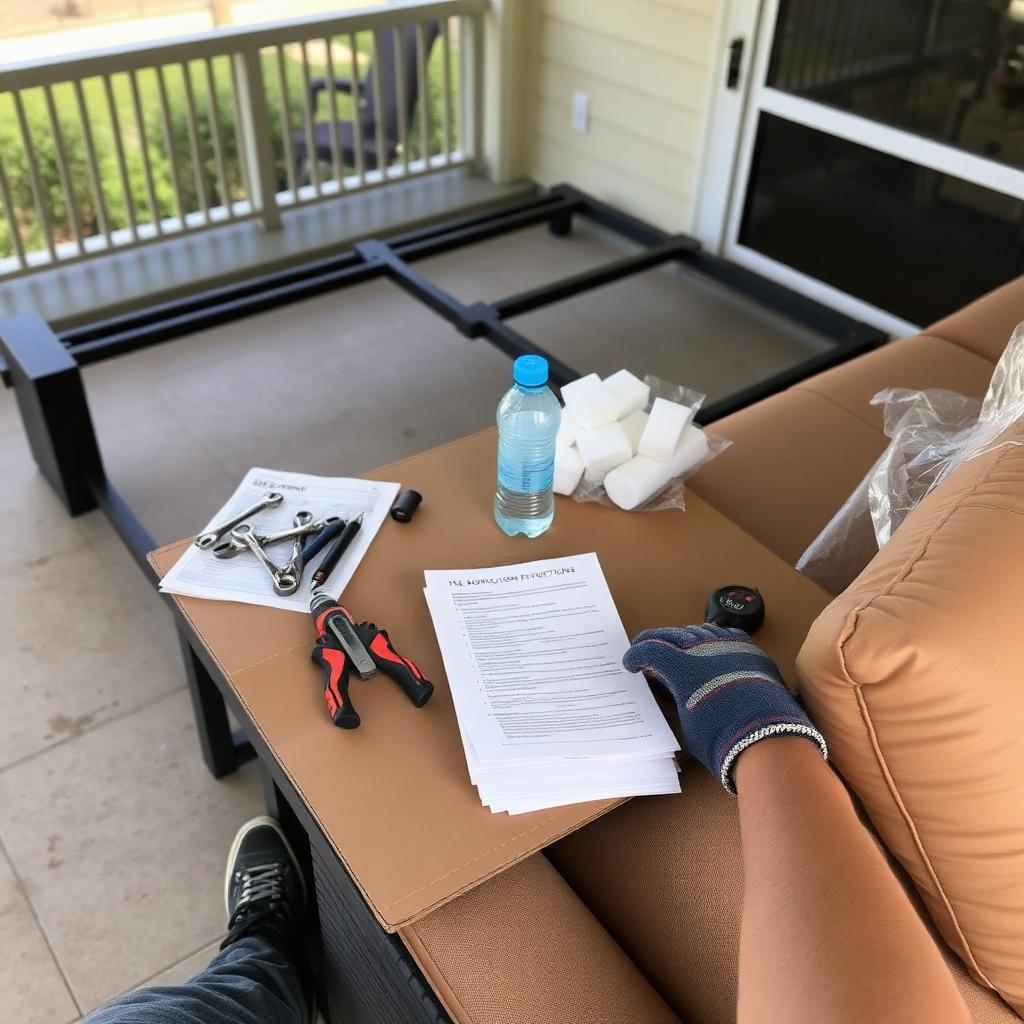Patio furniture assembly in Boynton Beach with outdoor sectional and fire pit table arranged on screened lanai