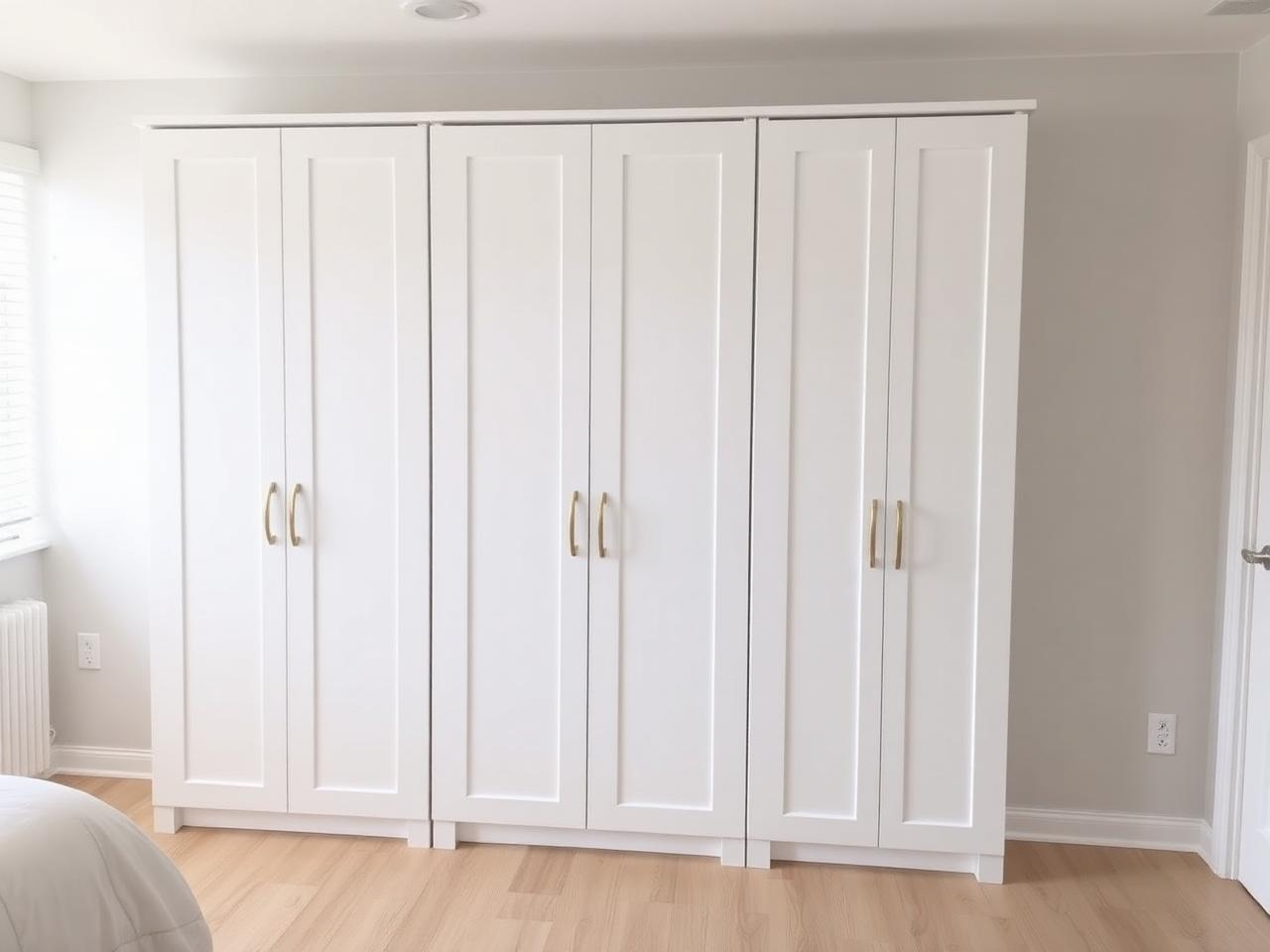 IKEA PAX wardrobe assembly in West Palm Beach bedroom with three tall white wardrobes anchored to wall
