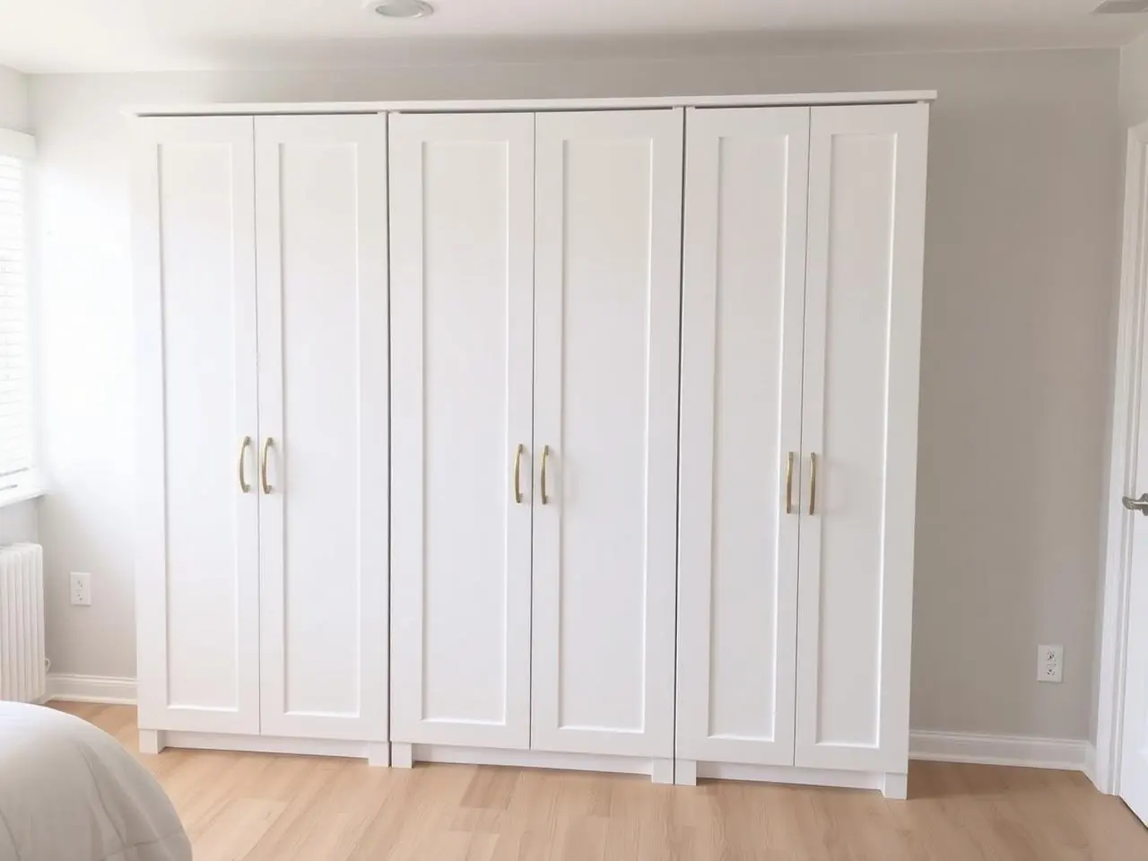 IKEA PAX wardrobe assembly in West Palm Beach bedroom with three tall white wardrobes anchored to wall