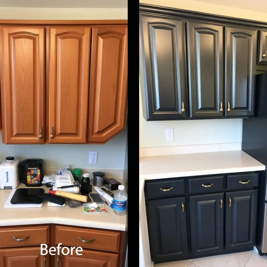 Kitchen cabinet painting in Boca Raton home with deep charcoal painted cabinets and brass hardware