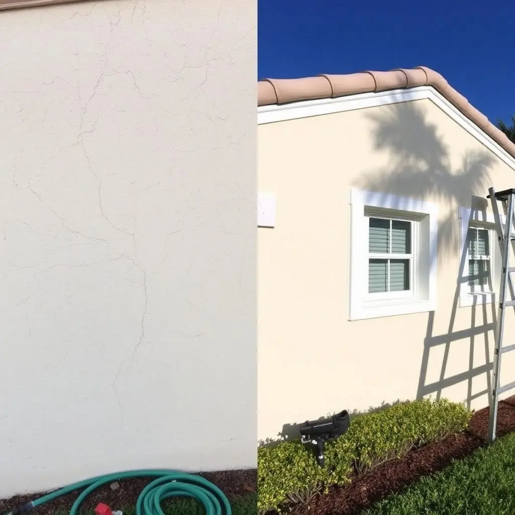 Exterior painting on Palm Beach Gardens luxury home with freshly painted cream stucco facade and white trim