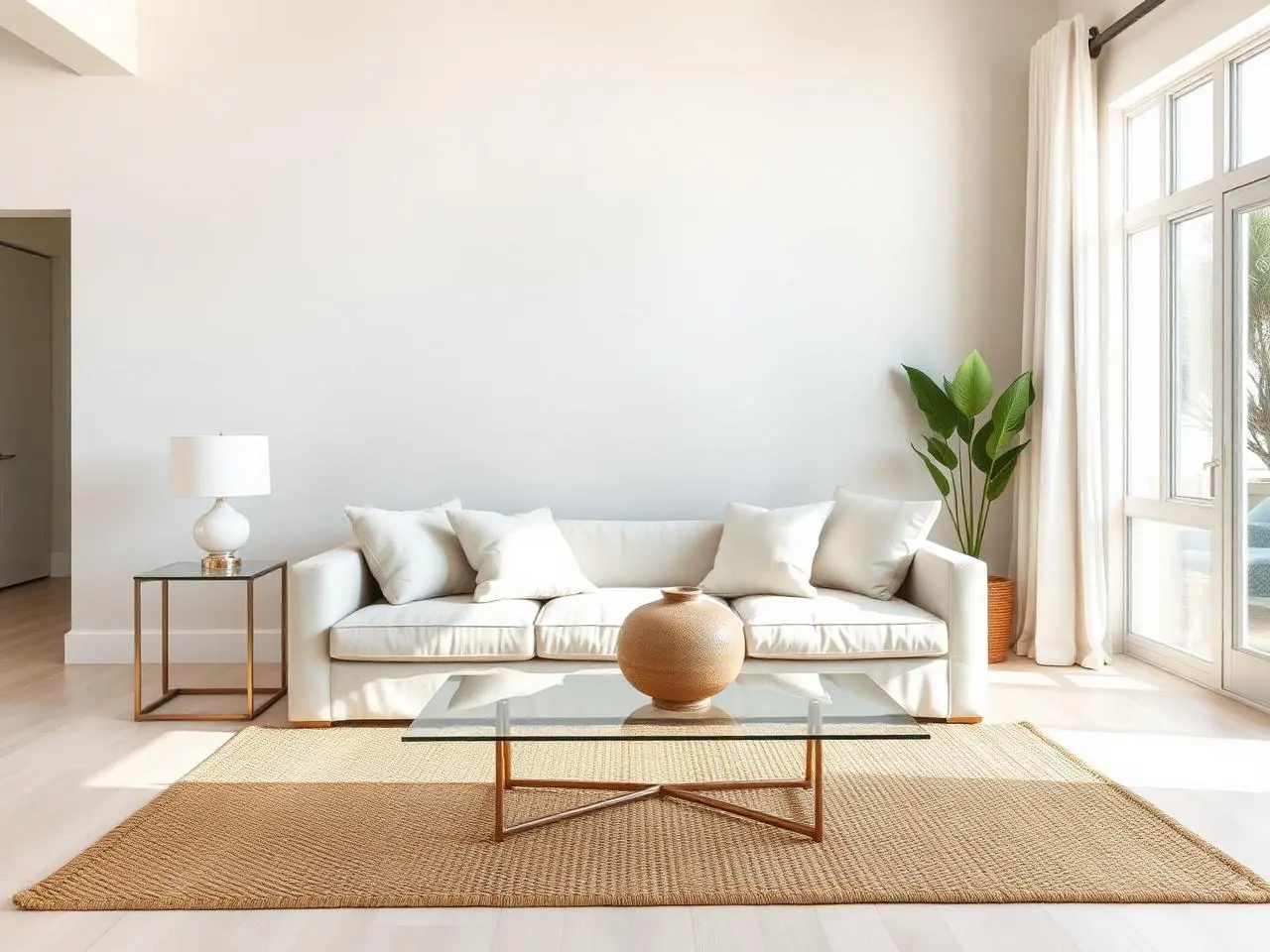 Limewash accent wall painting in Jupiter great room with soft mottled greige feature wall behind linen sofa