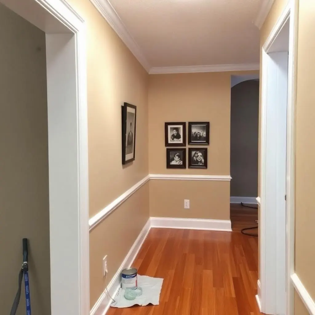 Trim painting in Wellington Florida home with crisp white crown molding and baseboards against warm wall color