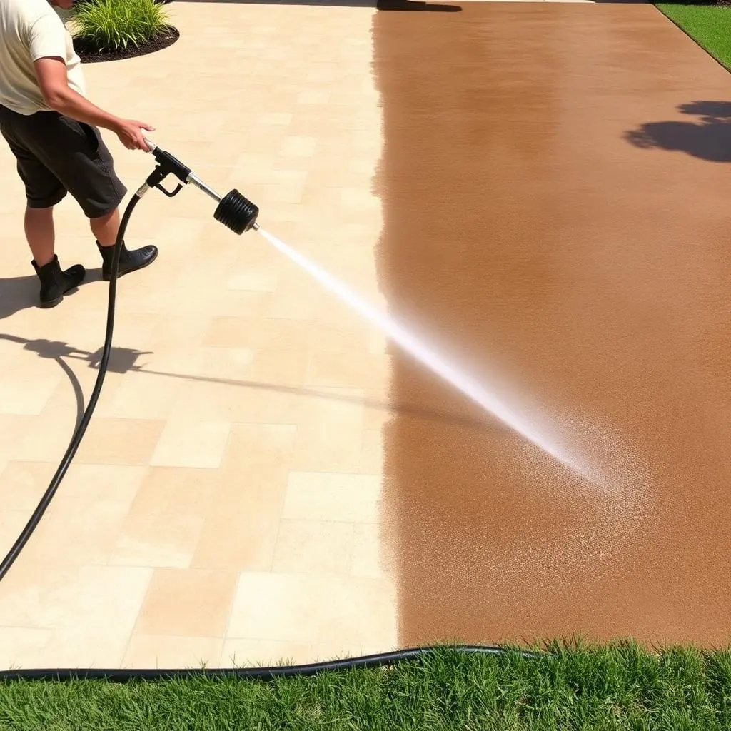 Pressure washed travertine driveway at Boca Raton country club home with clean light stone pavers