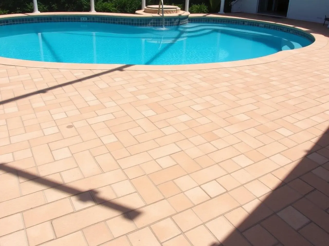Pressure washed paver pool deck in Delray Beach backyard with clean tan brick pavers around blue pool