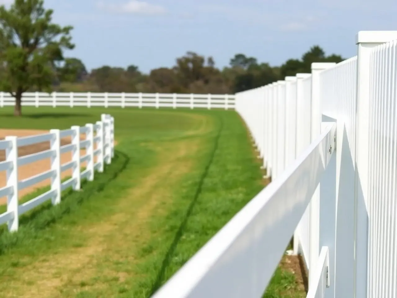 Pressure washed white vinyl perimeter fence at Wellington equestrian home with bright clean panels