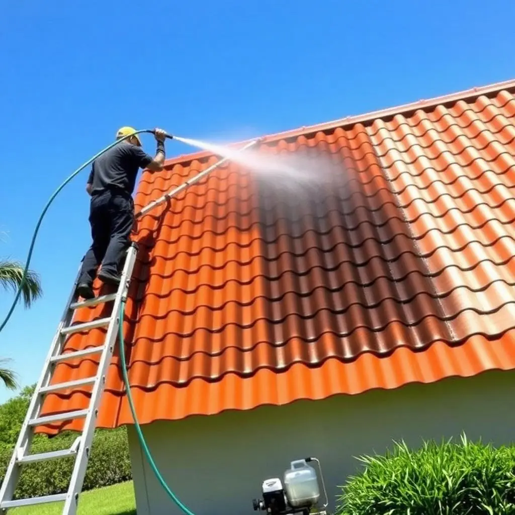 Soft washed barrel tile roof on Boynton Beach Florida home with clean terracotta tiles free of algae streaks