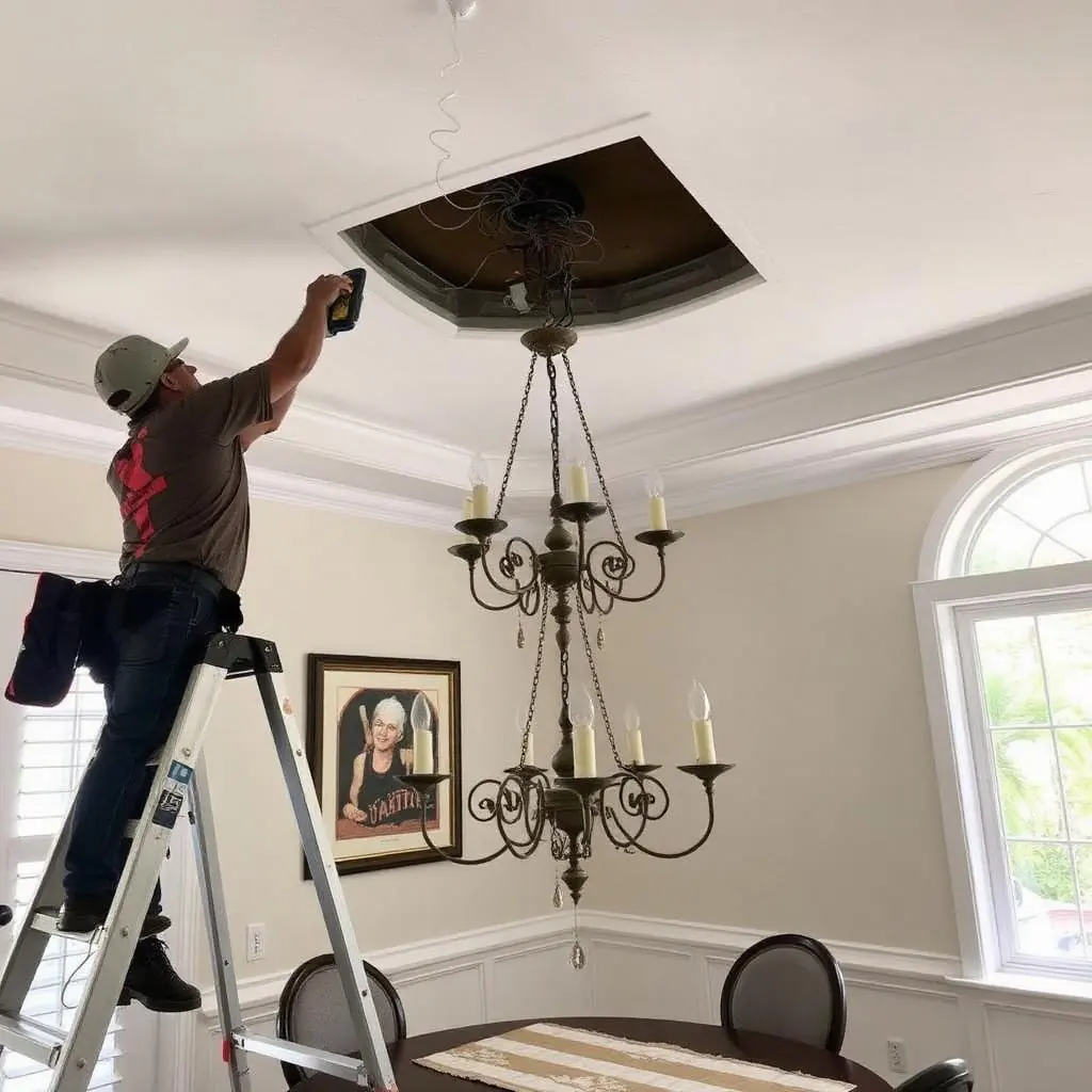 Foyer chandelier installation in Boca Raton luxury home with large crystal chandelier hung in double height entry