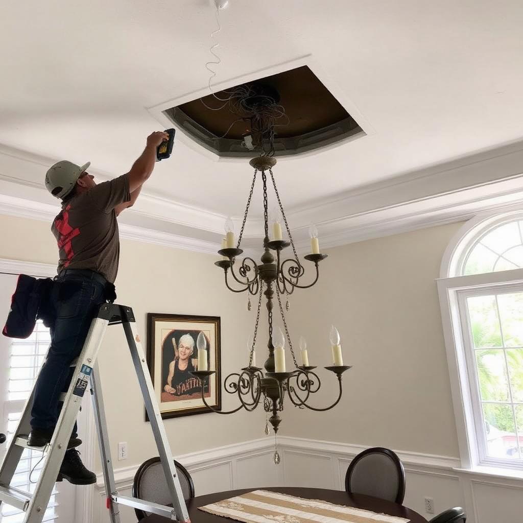 Foyer chandelier installation in Boca Raton luxury home with large crystal chandelier hung in double height entry