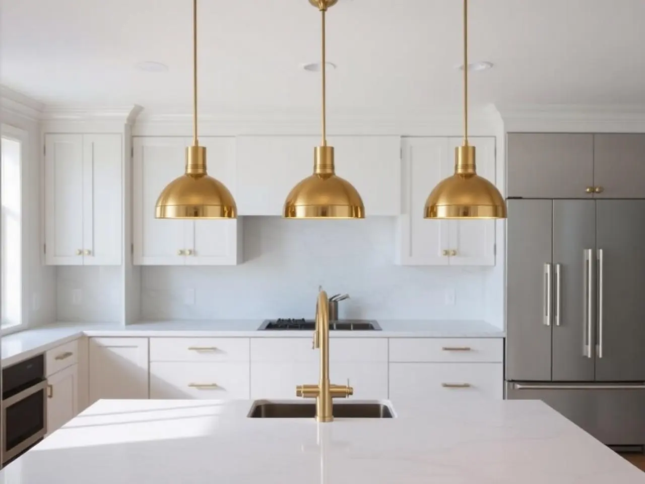 Kitchen island pendant lighting installation in Palm Beach Gardens with three brass pendants over white island