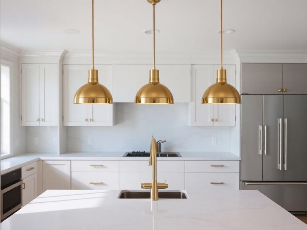 Kitchen island pendant lighting installation in Palm Beach Gardens with three brass pendants over white island