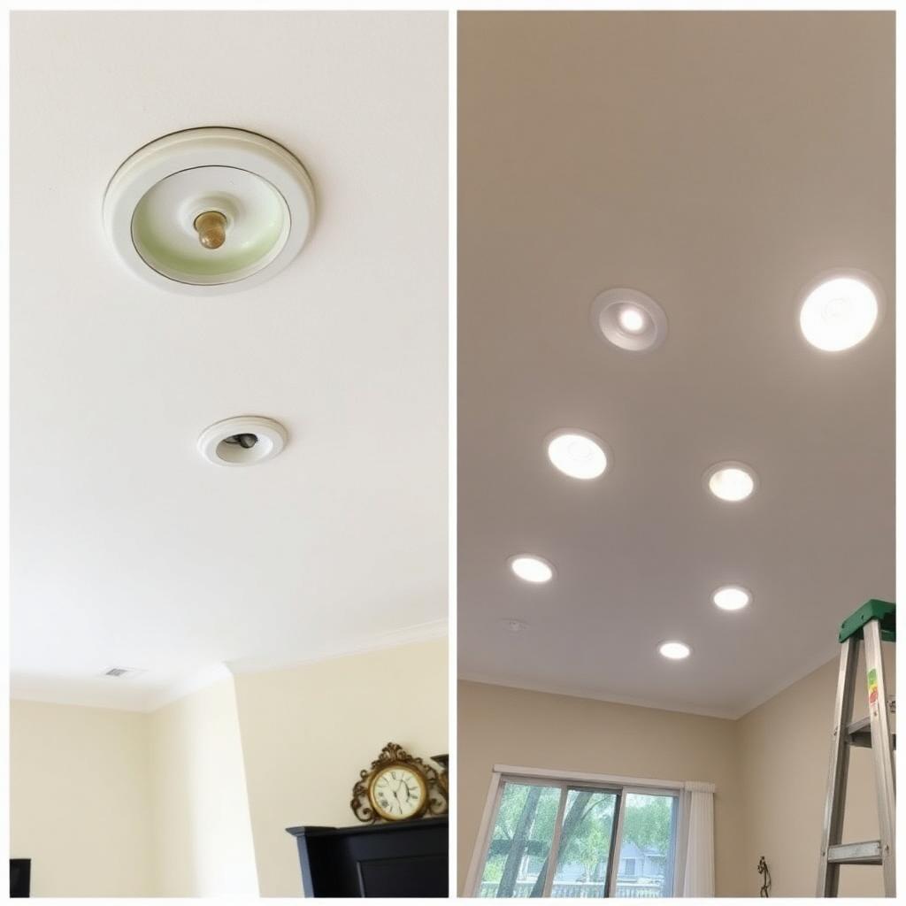 Recessed LED lighting installation in Jupiter great room with evenly spaced ceiling lights illuminating coastal living room