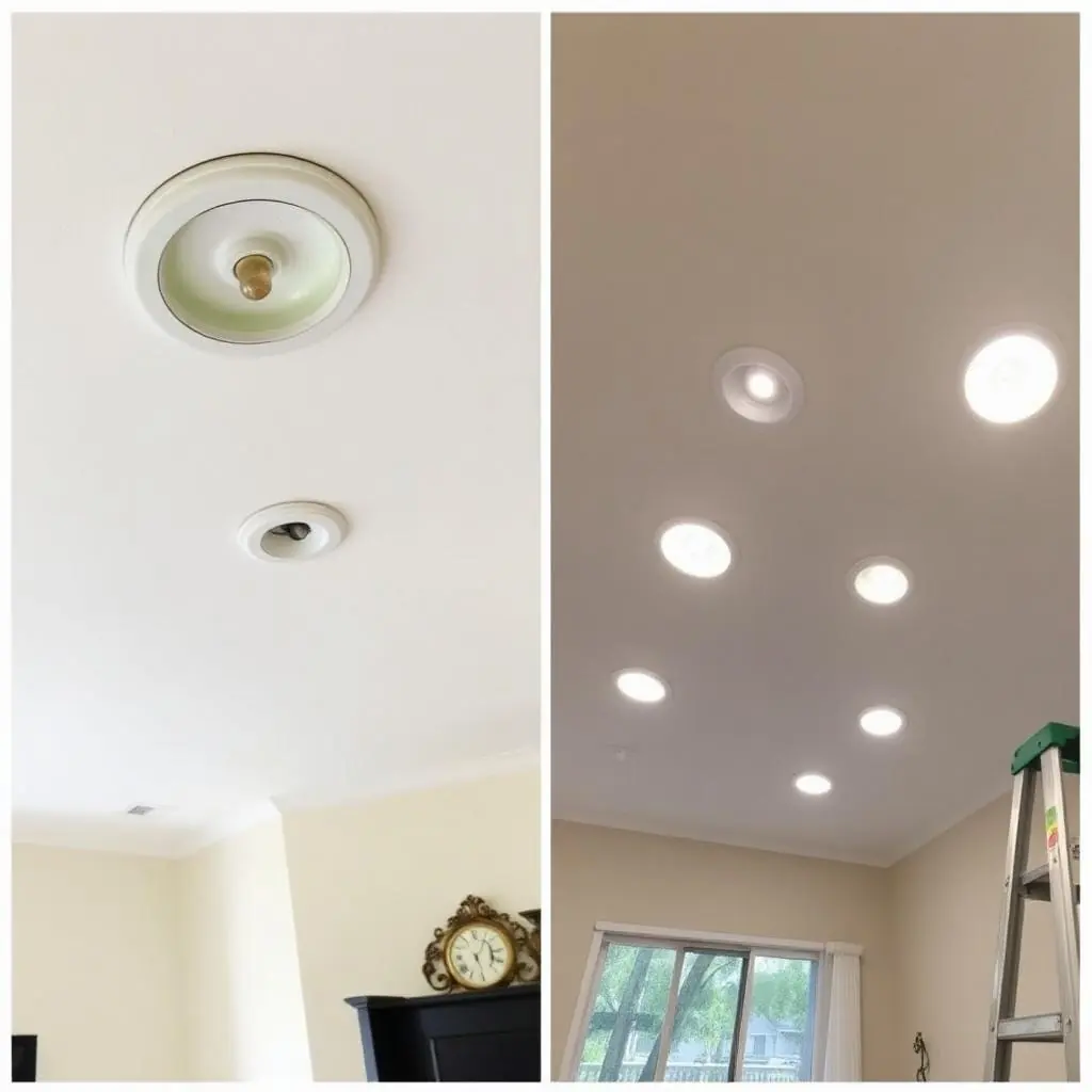 Recessed LED lighting installation in Jupiter great room with evenly spaced ceiling lights illuminating coastal living room