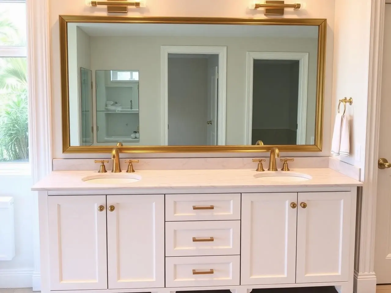 Bathroom vanity replacement in Boca Raton master bath with new white double vanity and brushed gold faucets