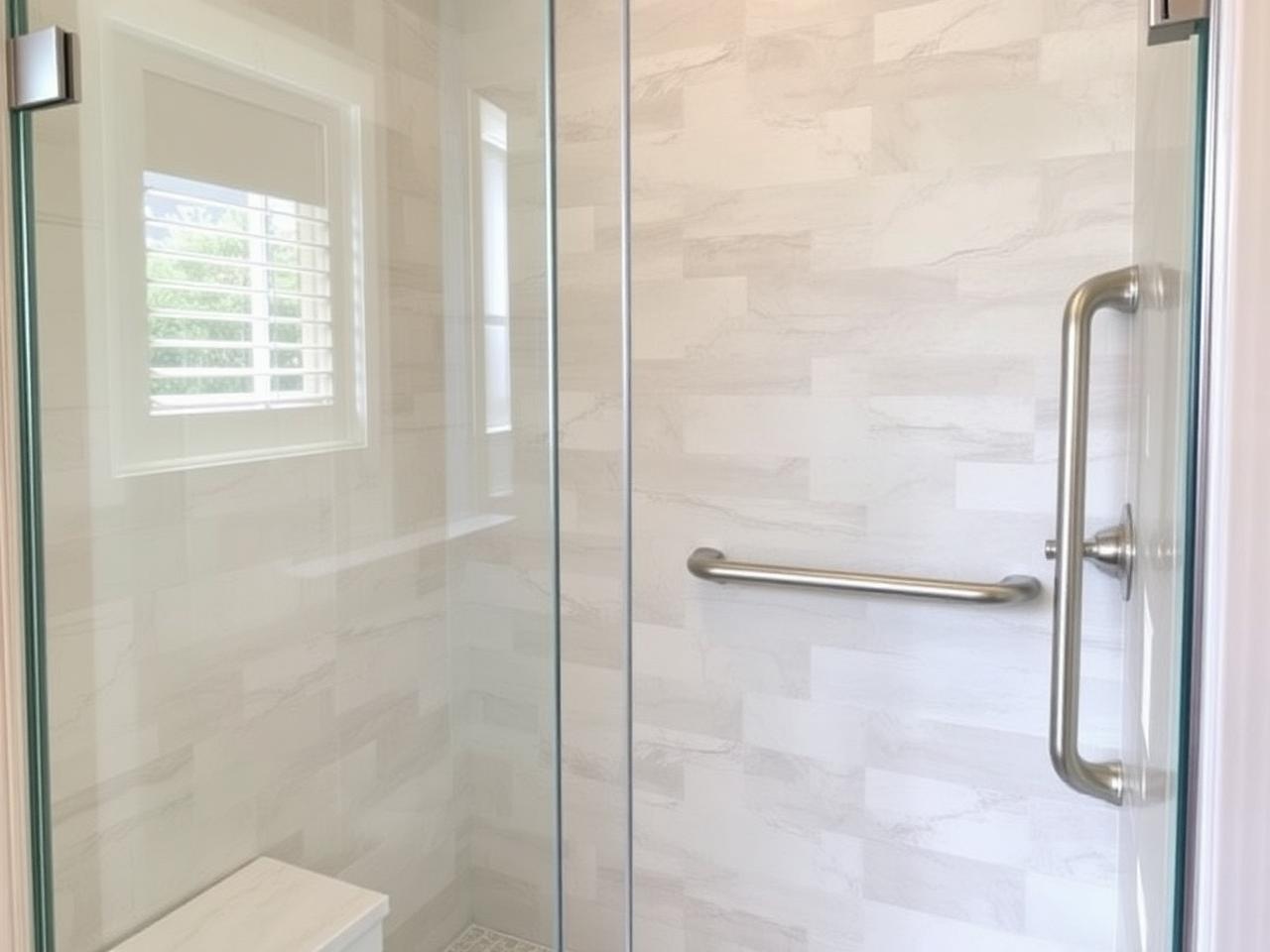 ADA grab bar installation in Palm Beach Gardens walk-in shower with brushed nickel safety bars on tile wall