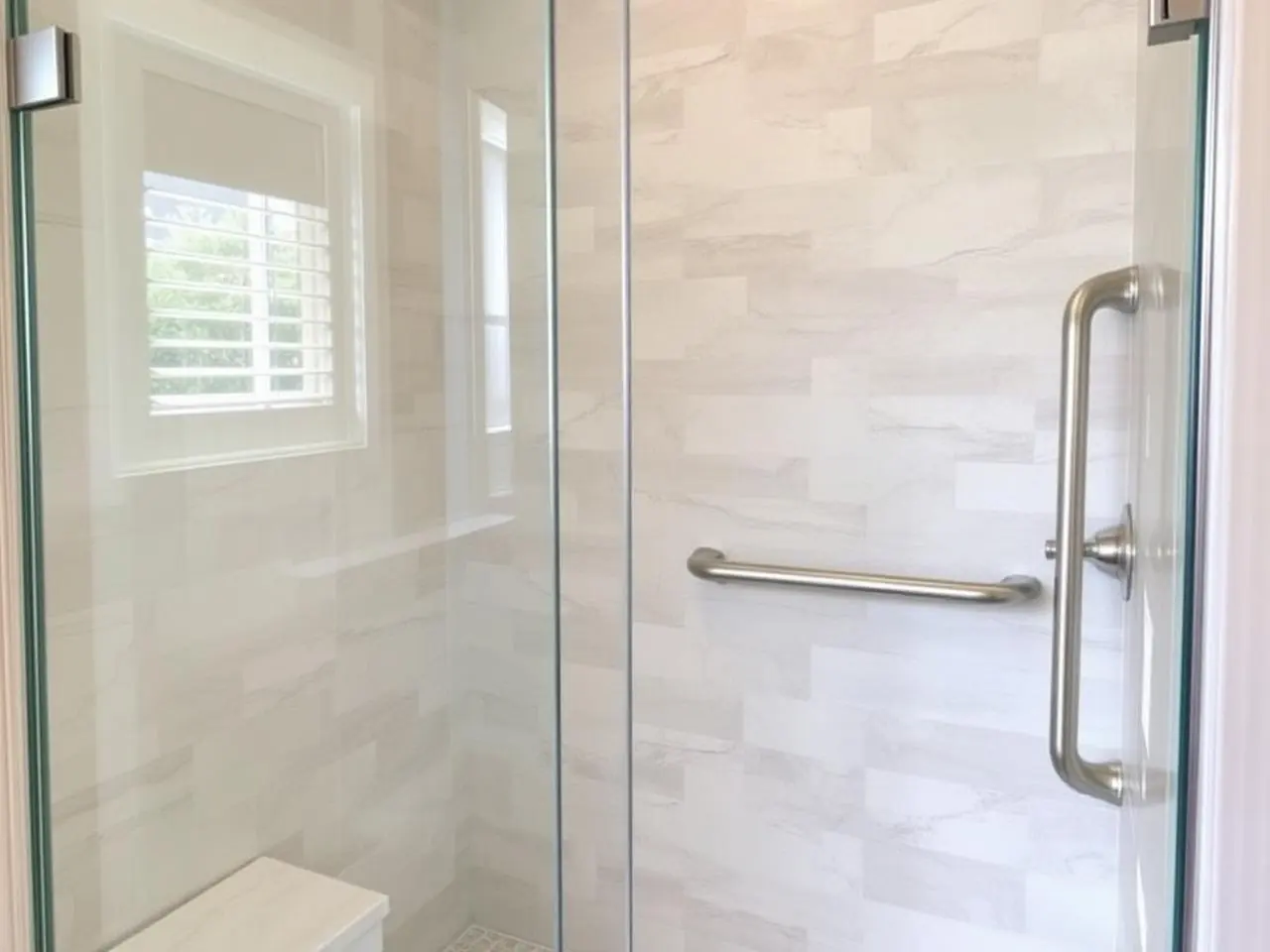 ADA grab bar installation in Palm Beach Gardens walk-in shower with brushed nickel safety bars on tile wall
