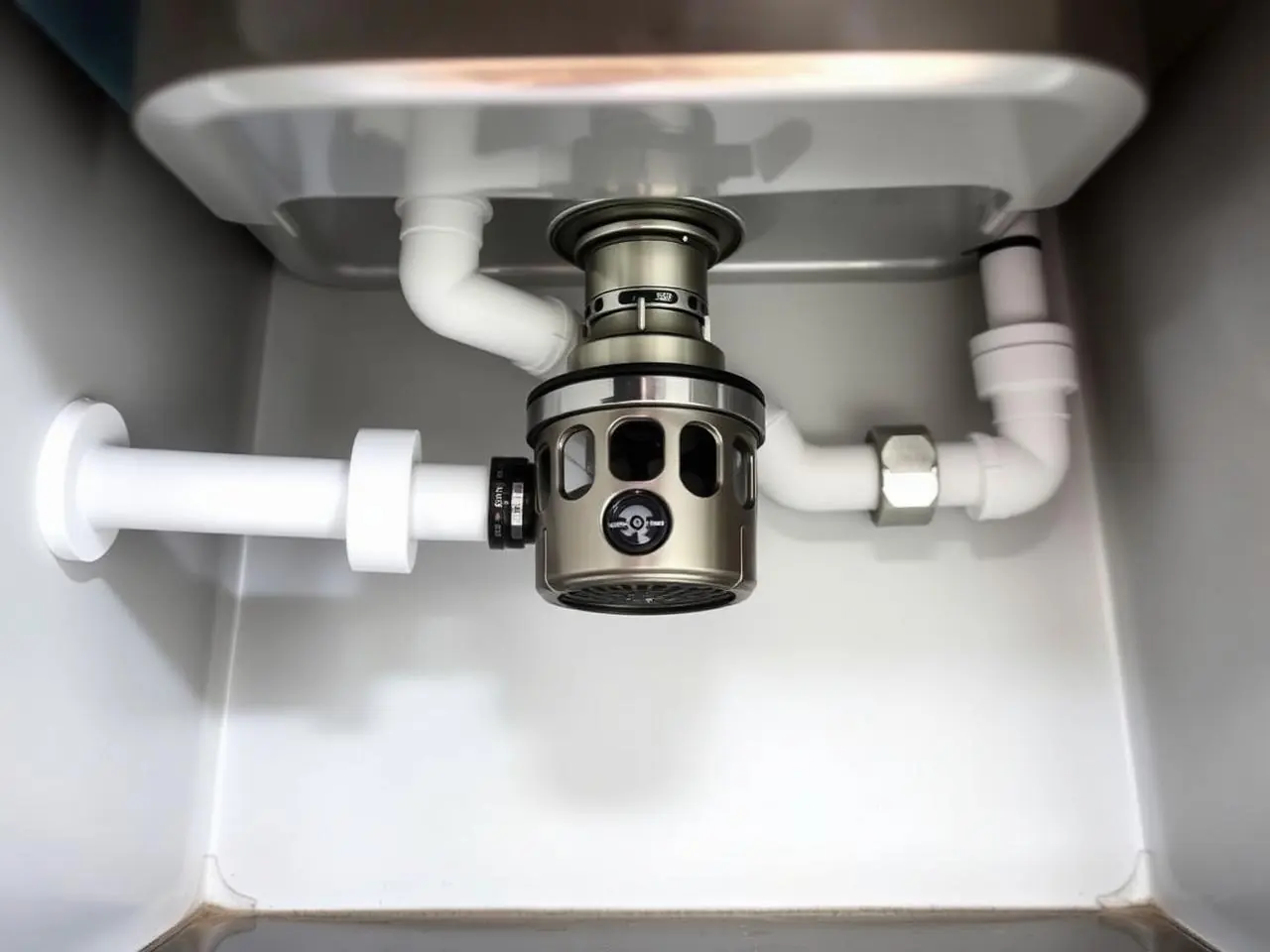 Garbage disposal replacement under Palm Beach Gardens kitchen sink with new stainless disposal and clean PVC trap