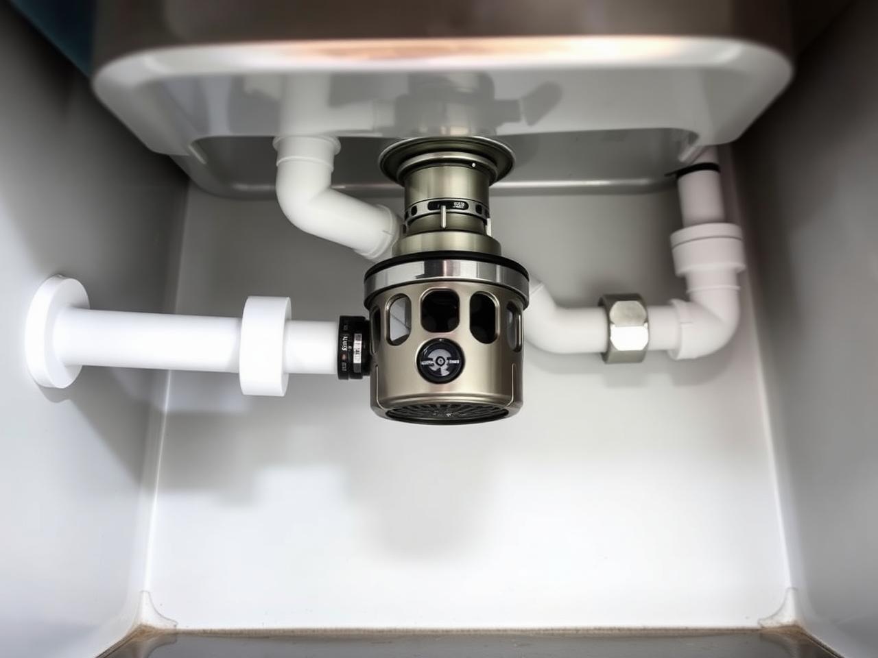 Garbage disposal replacement under Palm Beach Gardens kitchen sink with new stainless disposal and clean PVC trap