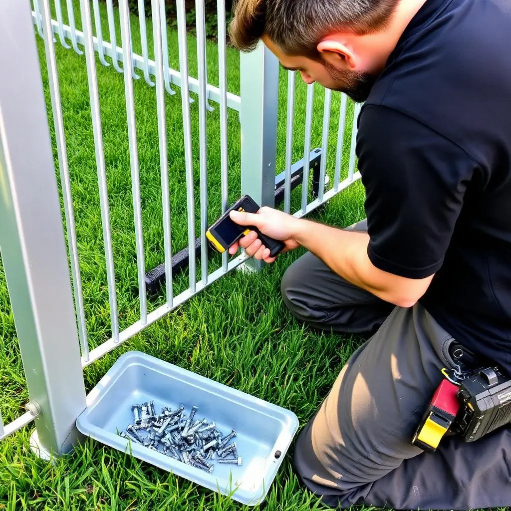 Aluminum fence repair on Wellington equestrian property with freshly reset black aluminum fencing along grass paddock