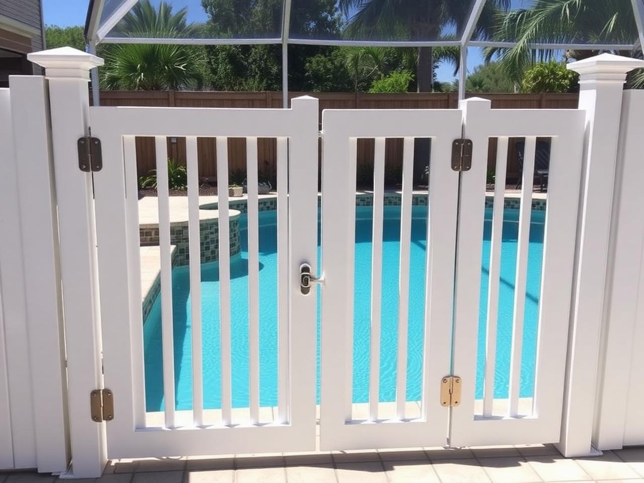 Vinyl pool gate repair in Jupiter Florida backyard with white vinyl gate and stainless self-close hardware