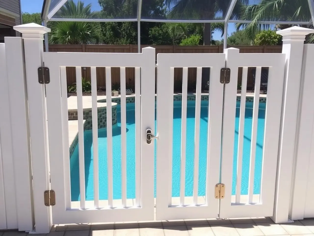 Vinyl pool gate repair in Jupiter Florida backyard with white vinyl gate and stainless self-close hardware