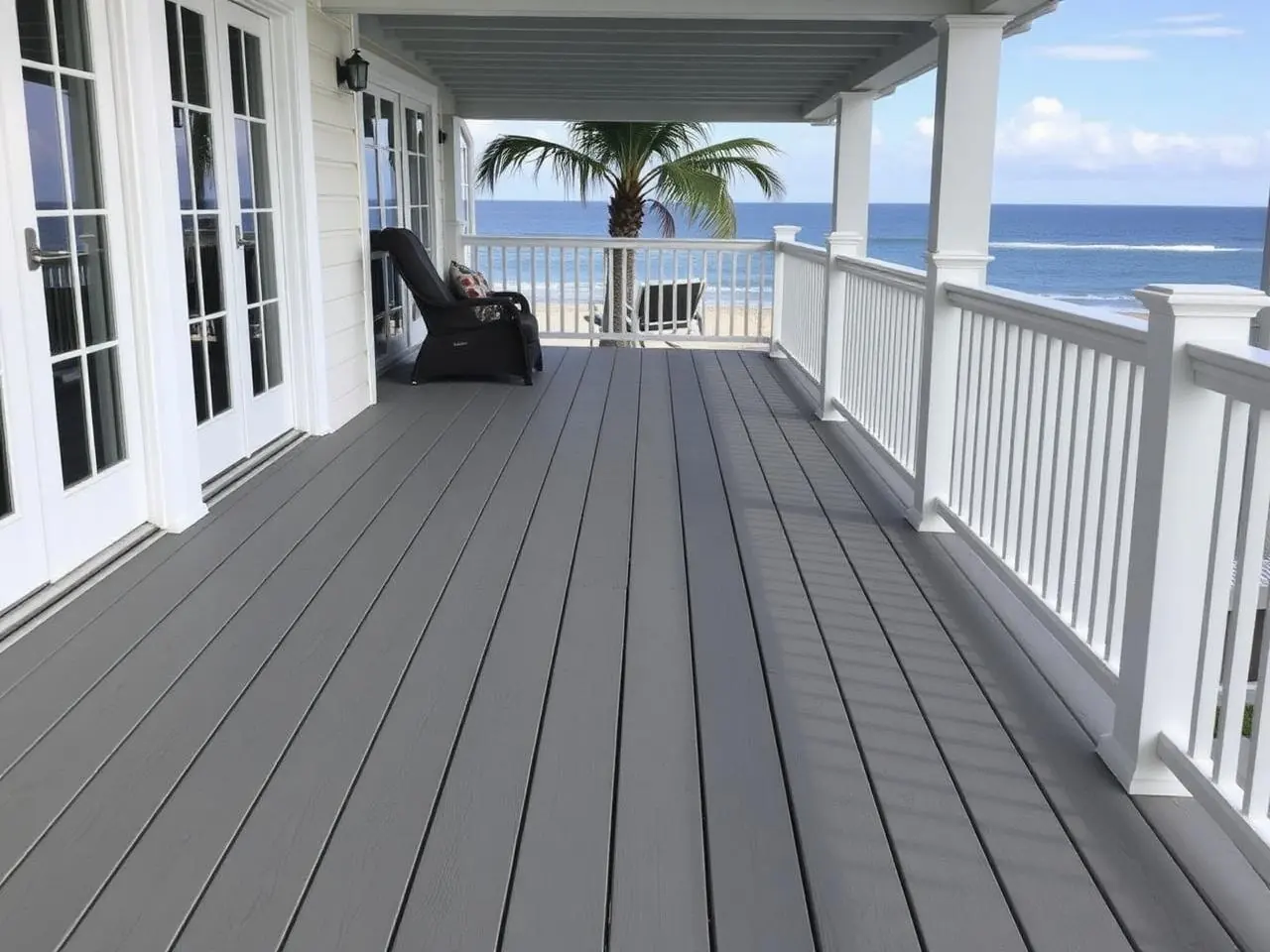 Composite deck board replacement on Jupiter coastal home with refreshed grey composite decking by ocean