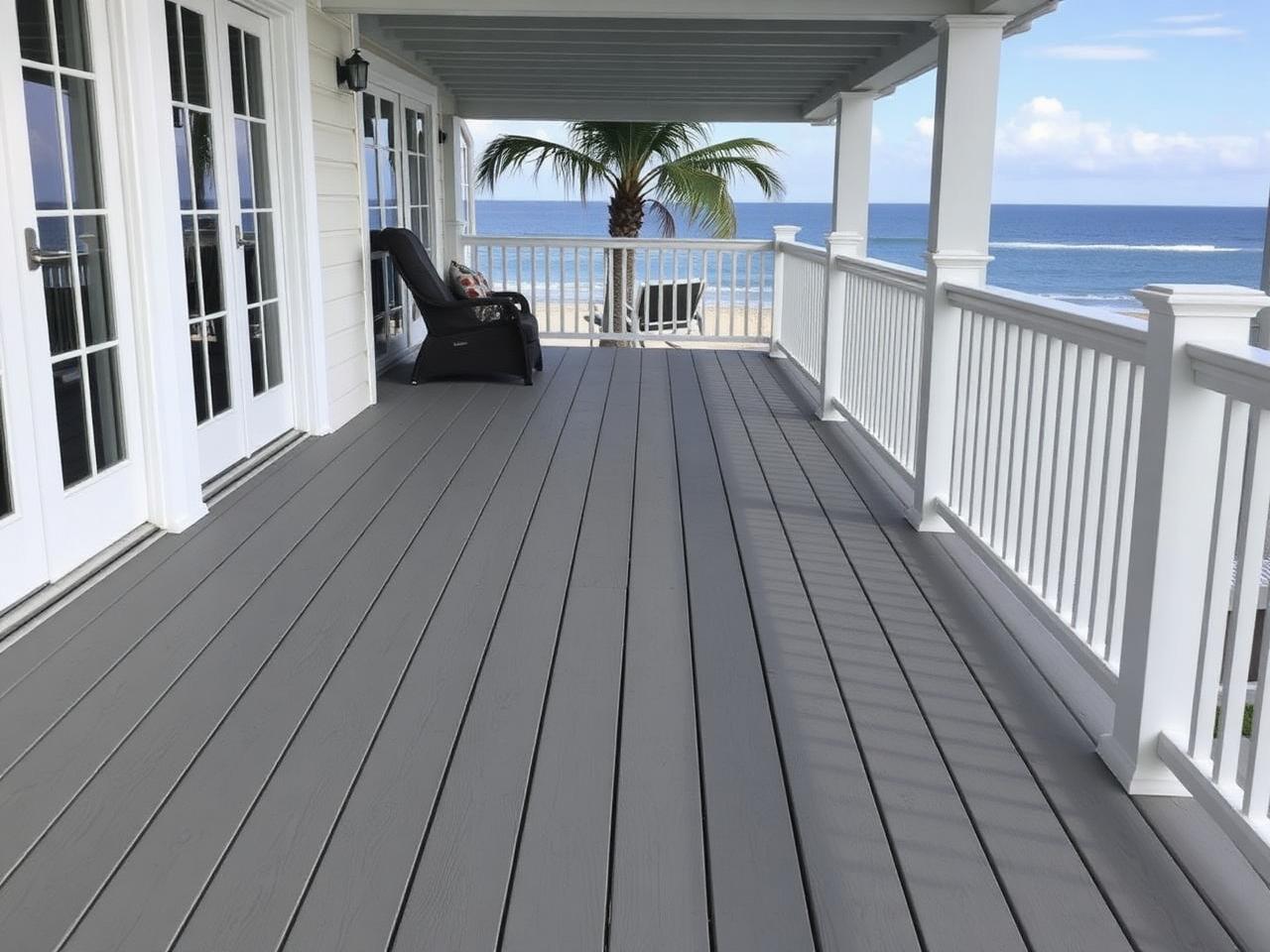 Composite deck board replacement on Jupiter coastal home with refreshed grey composite decking by ocean